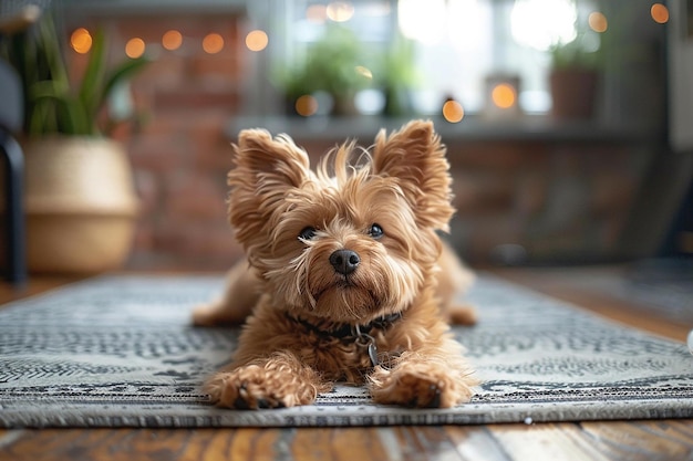 a dog laying on a mat in front of a potted plant