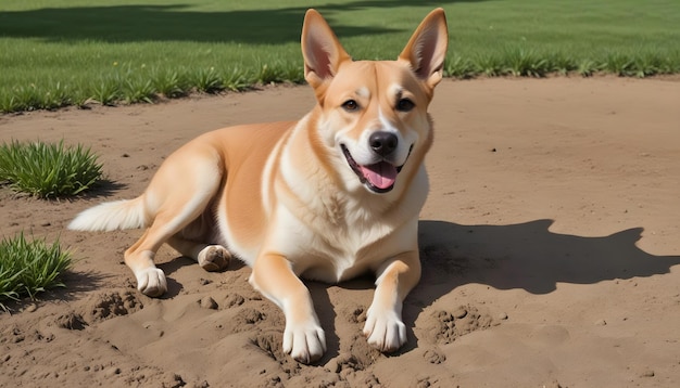 a dog laying in the sand with its tongue out