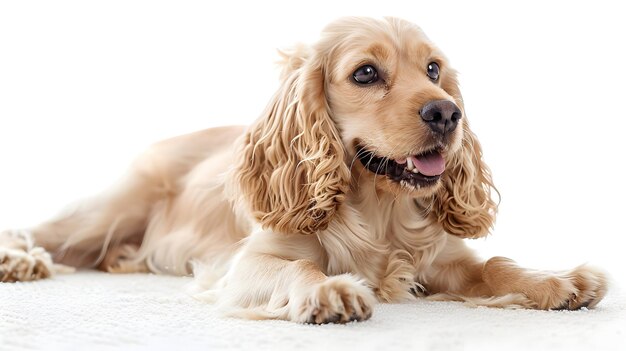 Photo a dog laying on a white carpet with a white background