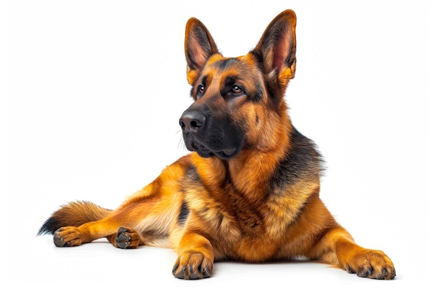 Dog lays down with its front paws up and serious look on its face