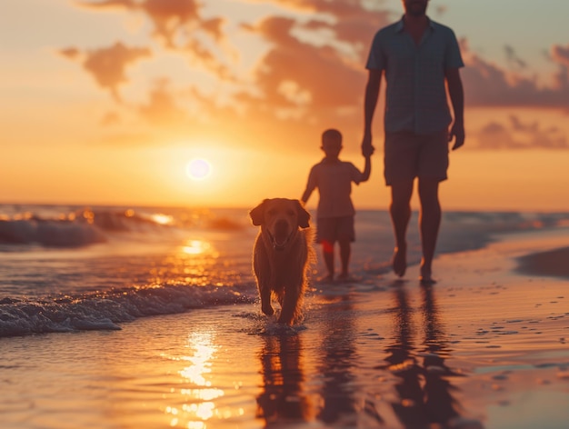 Dog Leading Family Beach Walk at Sunset