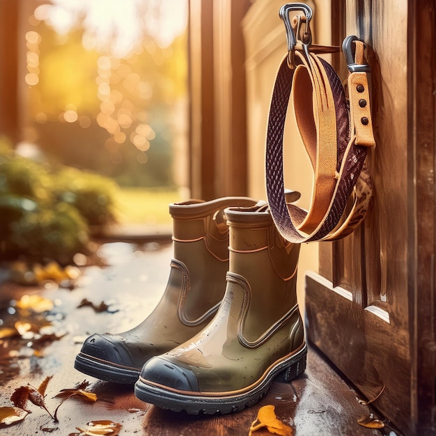 Photo a dog leash hanging on a hook by the door with a pair of rain boots underneath