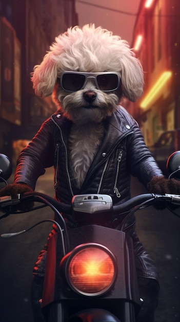 A dog in a leather jacket and sunglasses sits on a motorcycle.