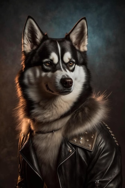 A dog in a leather jacket