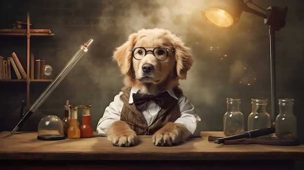 dog like Golden Retriever in uniform and glasses scientist researcher in old chemical laboratory