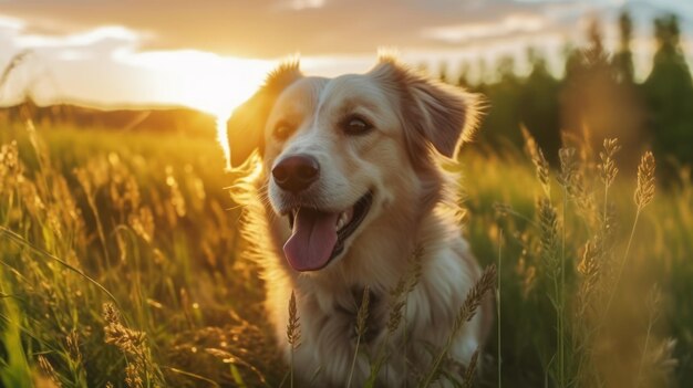 dog looking around in the grass field with sunset light