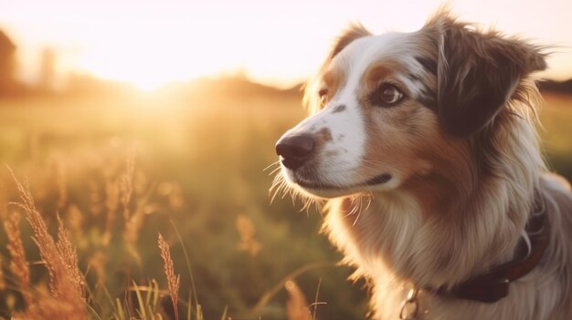 dog looking around in the grass field with sunset light