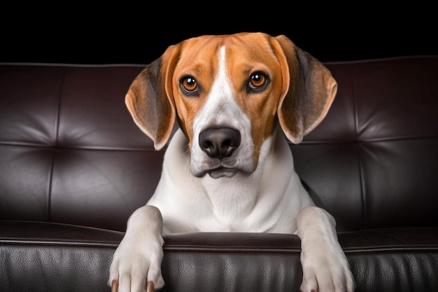 A dog looking over a couch