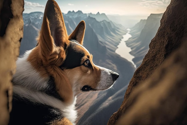 Dog looking down at the view below on mountain peak created with generative ai