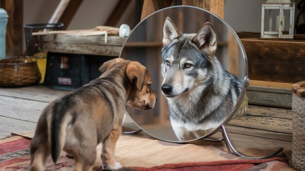 Photo dog looking at its own reflection in mirror