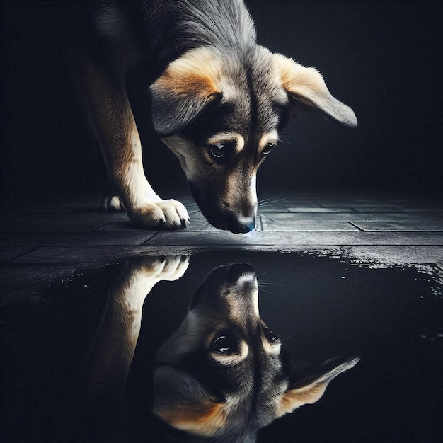 A dog looking at its own reflection in the water