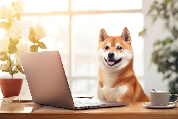 Dog looking at a laptop with a flower in the background