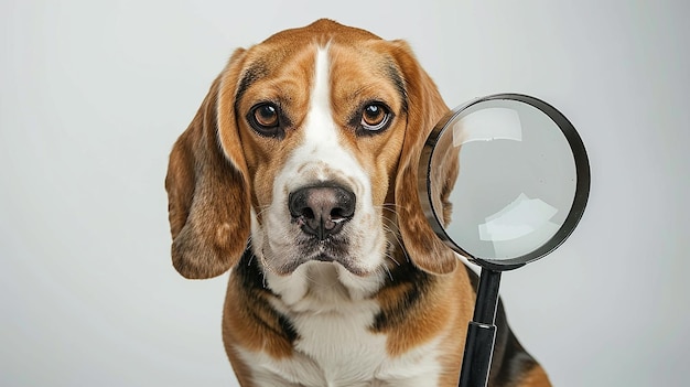 Photo a dog looking at a mirror with a magnifying glass