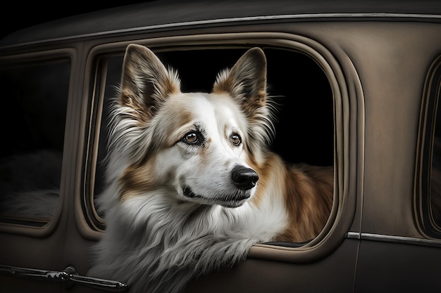 A dog looking out the window of a car with a black background.