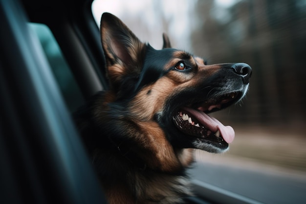 A dog looking out the window of a car with its mouth open.