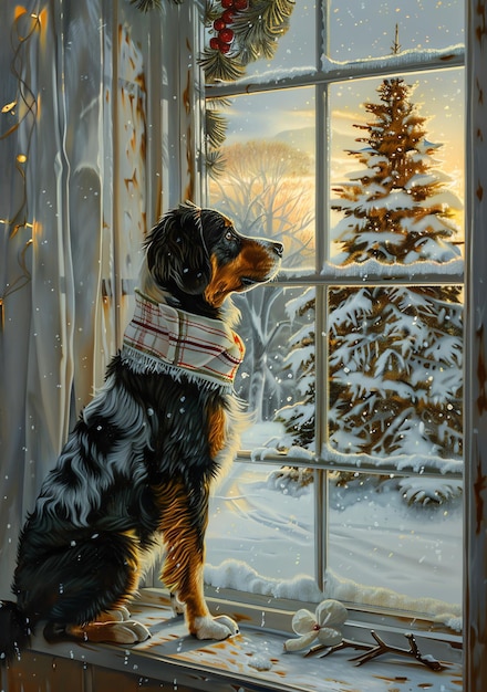 a dog looking out a window with snow on the window