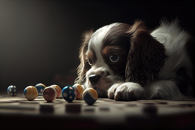 A dog looking at a table with many balls on it