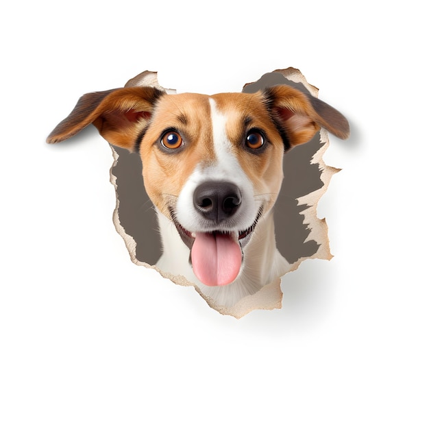 Dog looking up in paper side torn hole isolated on white background