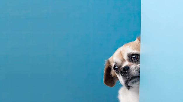 A dog looks out from behind a wall