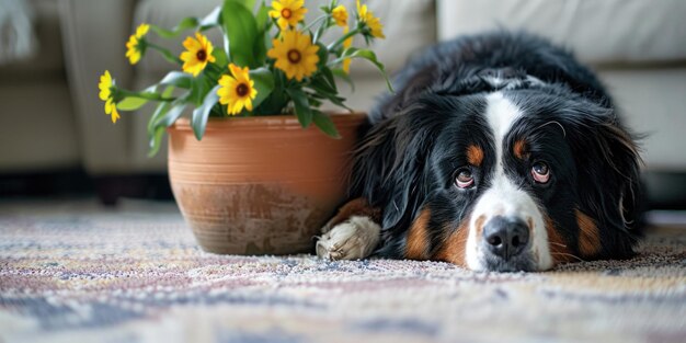 A dog lying down next to a flower pot great for pet or garden themed scenes