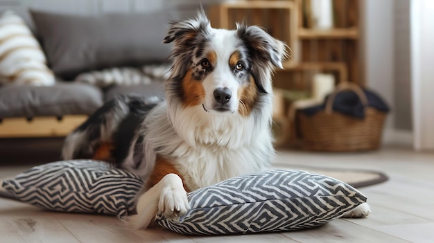 a dog lying on floor in living room at home