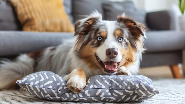 a dog lying on a pillow in the living room at home