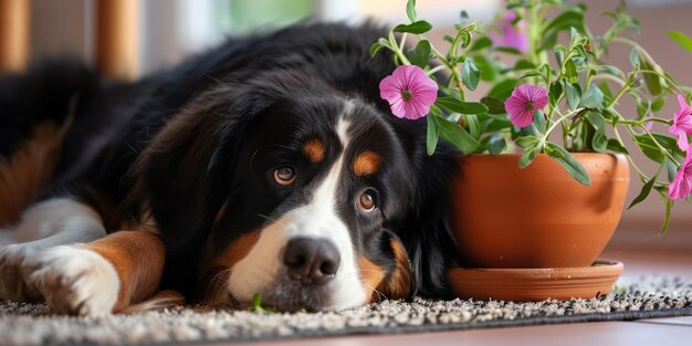 A dog lying next to a potted plant suitable for pet or homerelated uses