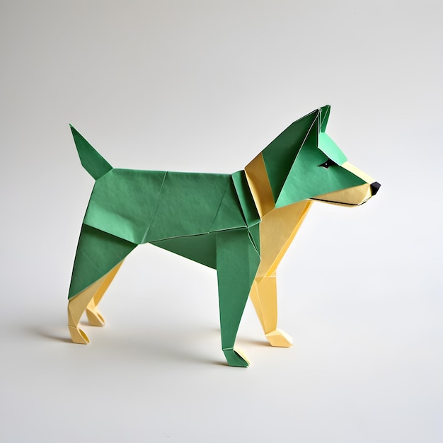 A dog made of white and colored paper stands on a white background an isolated object