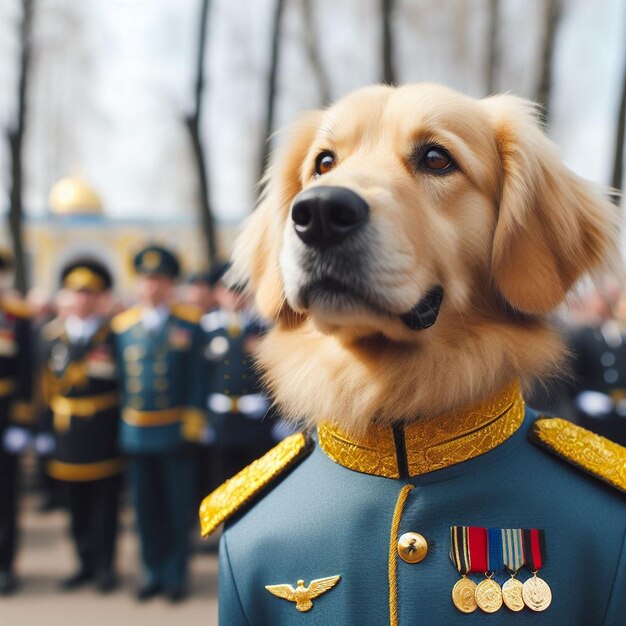 A dog in a military uniform with a gold collar and a blue shirt with a gold collar