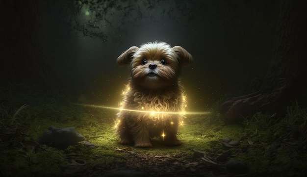 A dog named the dog is lit up in a dark forest.