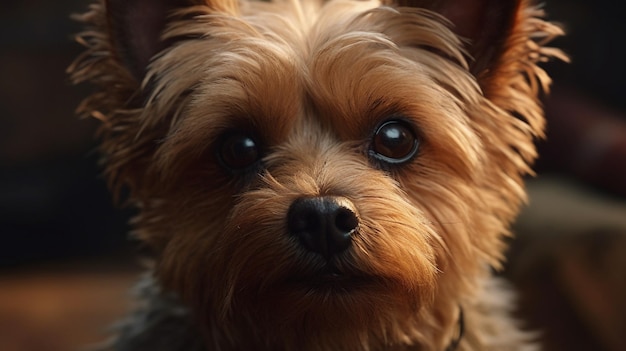 A dog named yorkie is looking at the camera.