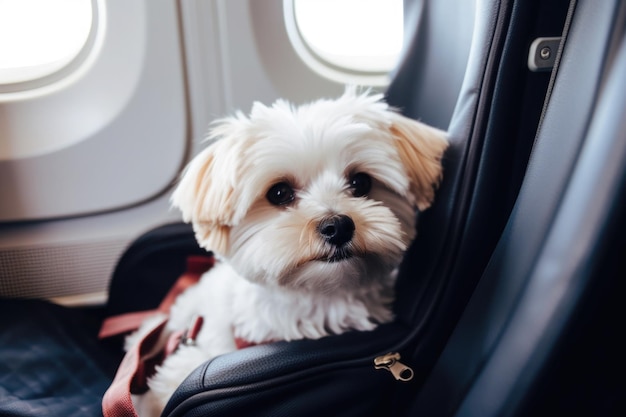 Dog near window on board an airplane Traveling with pets Generative AI