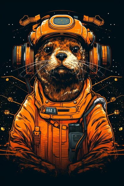 A dog in an orange space suit with the numbers 822 on it.