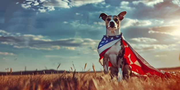 Dog outside wearing an American flag cape background Ai Generated