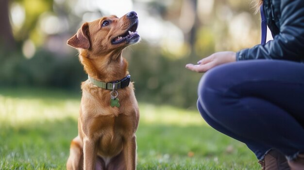 Photo dog and owner practicing obedience commands emphasizing training partnership