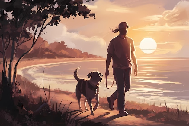 Dog and Owner Walking in the Sunset 1