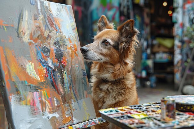 Photo dog painting a picture on an easel