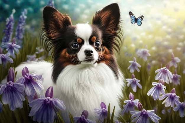 Dog Papillon in a flower field spring pet