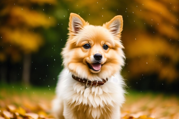 A dog in a park with autumn leaves on the ground