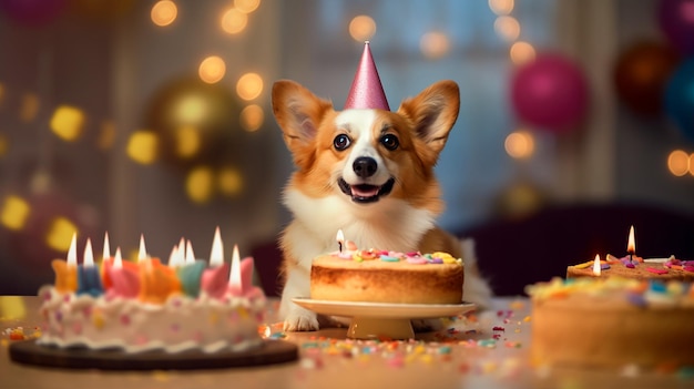 A dog in a party hat with a cake and candles