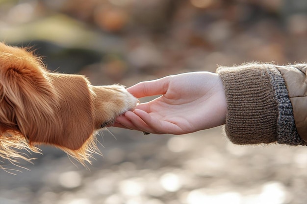 Photo dog paw and human hand together photo