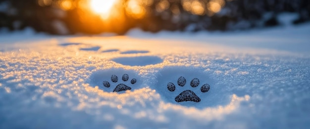 Photo dog paw prints in fresh snow at sunset