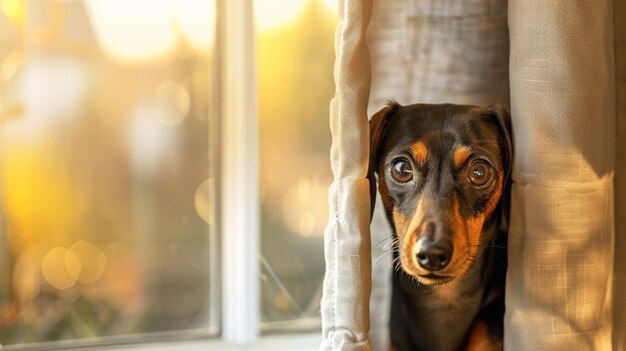 Photo dog peeking from behind curtain