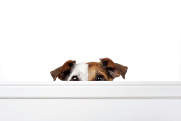 Dog peeking out from behind a white table with copy space isolated on white background AI generated