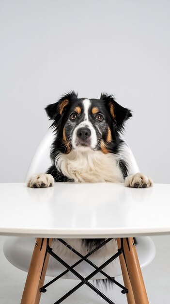 Photo dog peeking out from behind a white table with copy space isolated on white background generated