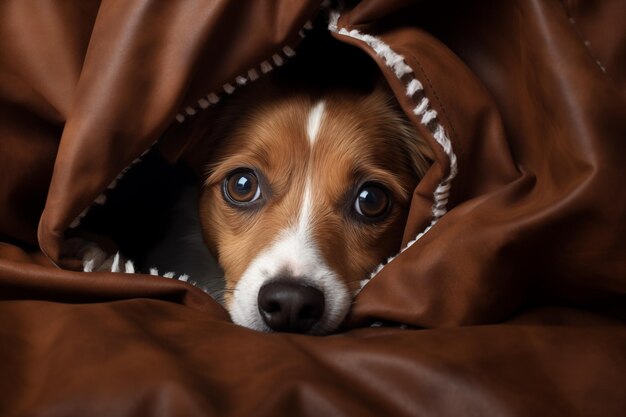 A dog peeking out through a blanket in the style of associated press photo