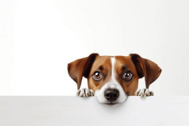 Photo a dog peeking over white sign placard template with copy space