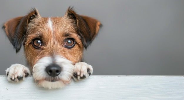 Photo dog peeking over white surface