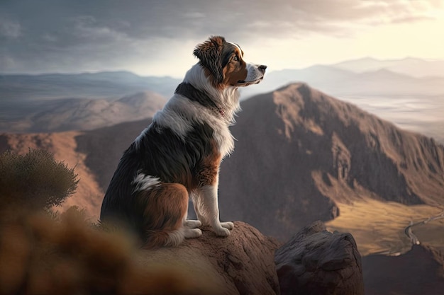 Dog perched atop mountain peak surveying the landscape below created with generative ai