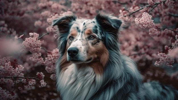 A dog in a pink flowery background